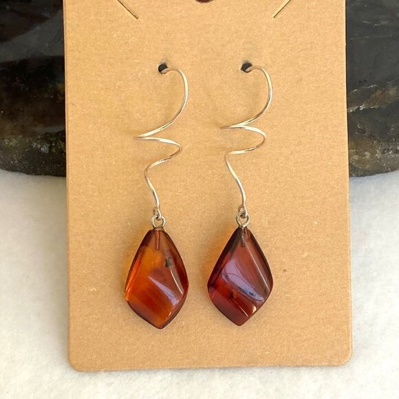 Sterling Silver 925 Spiral Hook Reconstituted Honey Baltic Amber Dangle Earrings - Picture 1 of 16